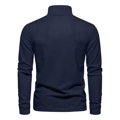 Back view of the navy blue long-sleeve polo shirt