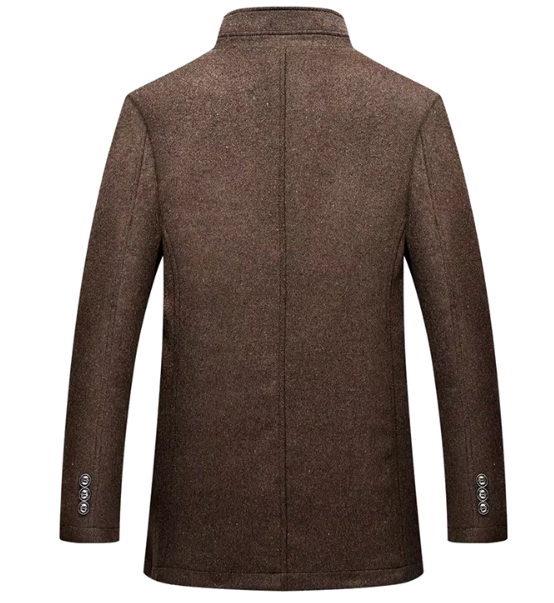 Back of the brown layered stand-collar coat