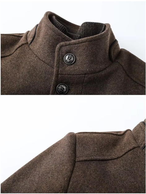 Stand collar and buttons of the brown coat