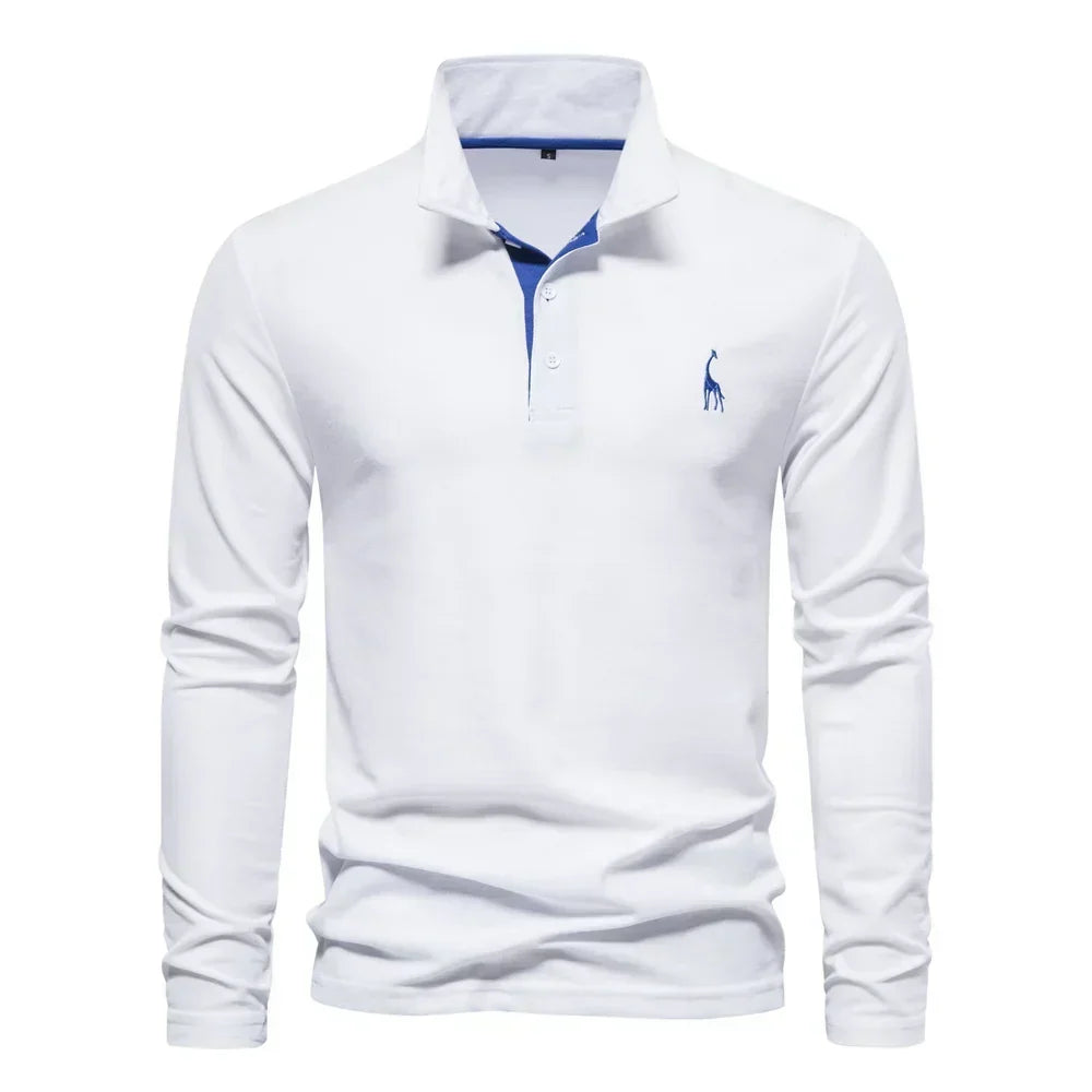 White long-sleeve polo shirt with a blue contrast placket