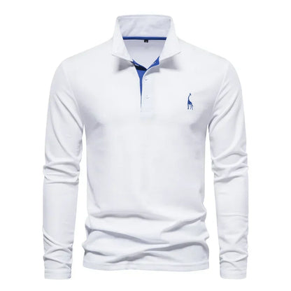 White long-sleeve polo shirt with a blue contrast placket