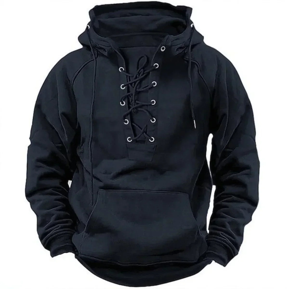 Black lace-up neck pullover hoodie