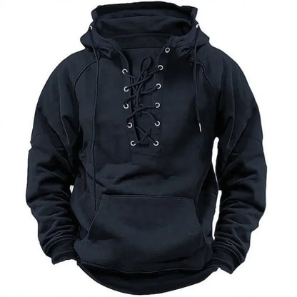 Black lace-up neck pullover hoodie