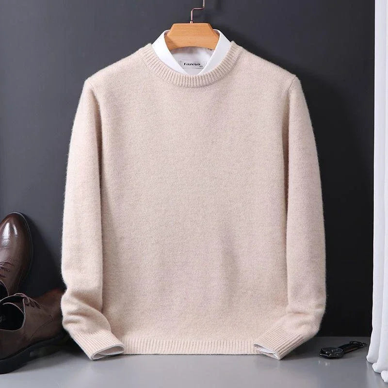 Off-white fine-knit crew neck sweater on a hanger