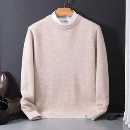 Off-white fine-knit crew neck sweater on a hanger