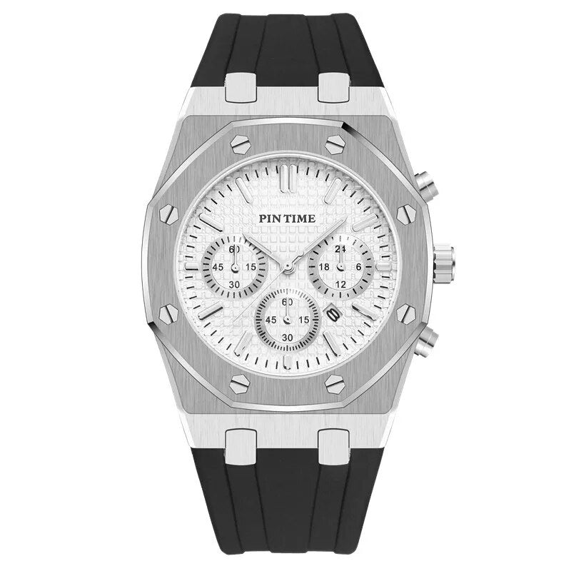 Silver octagonal rubber strap chronograph watch