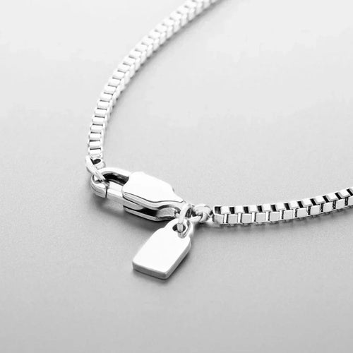 Lobster clasp and tag of the fine box chain necklace