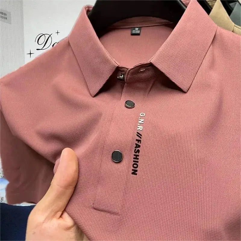 Salmon waffle knit polo shirt, close-up