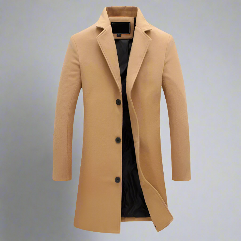 Camel notch-lapel long overcoat
