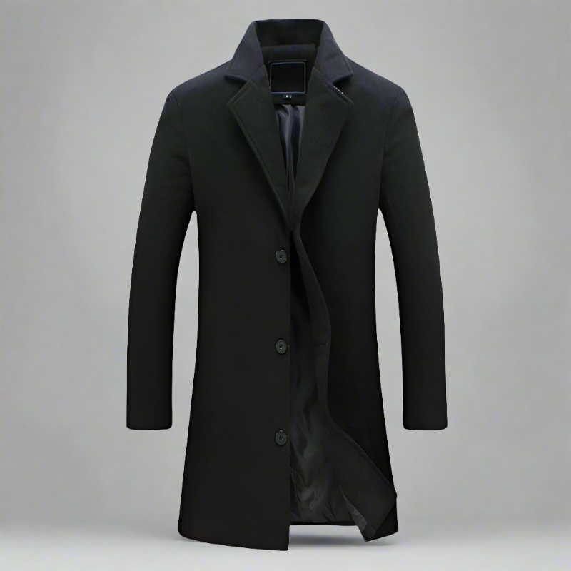 Black notch-lapel long overcoat