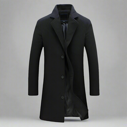 Black notch-lapel long overcoat