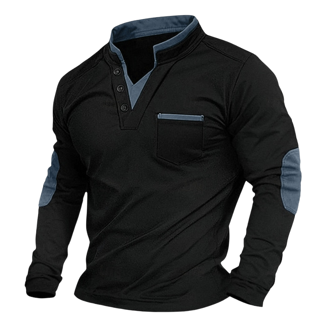 Black elbow-patch henley pullover with blue collar, placket, pocket and elbow trim