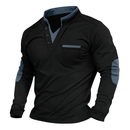 Black elbow-patch henley pullover with blue collar, placket, pocket and elbow trim