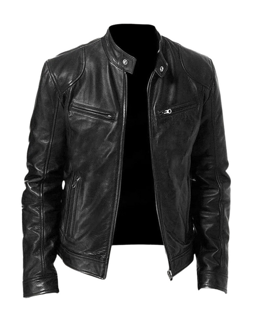 Black stand-collar cafe racer jacket front