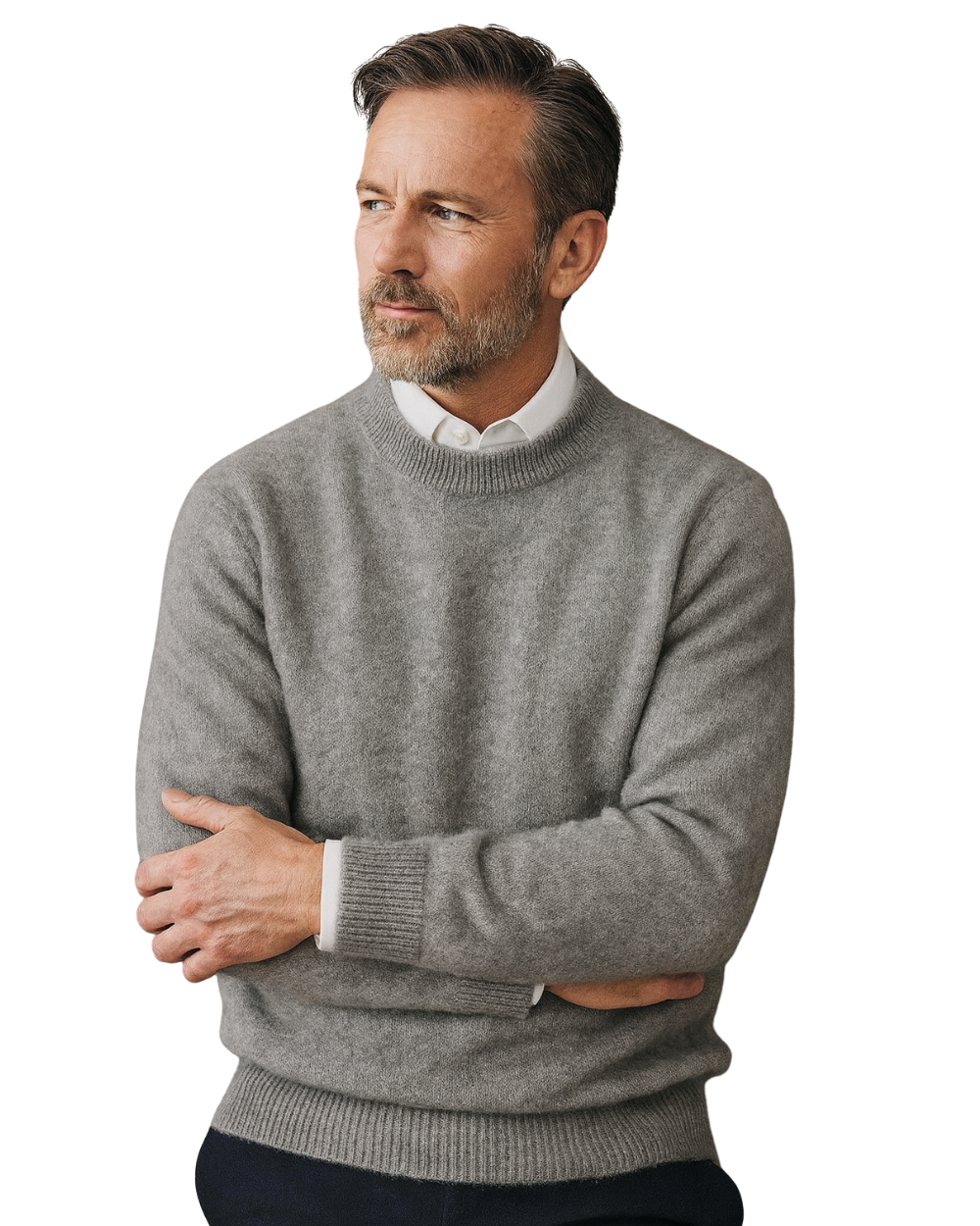 Man wearing a gray brushed knit crew neck sweater over a white shirt