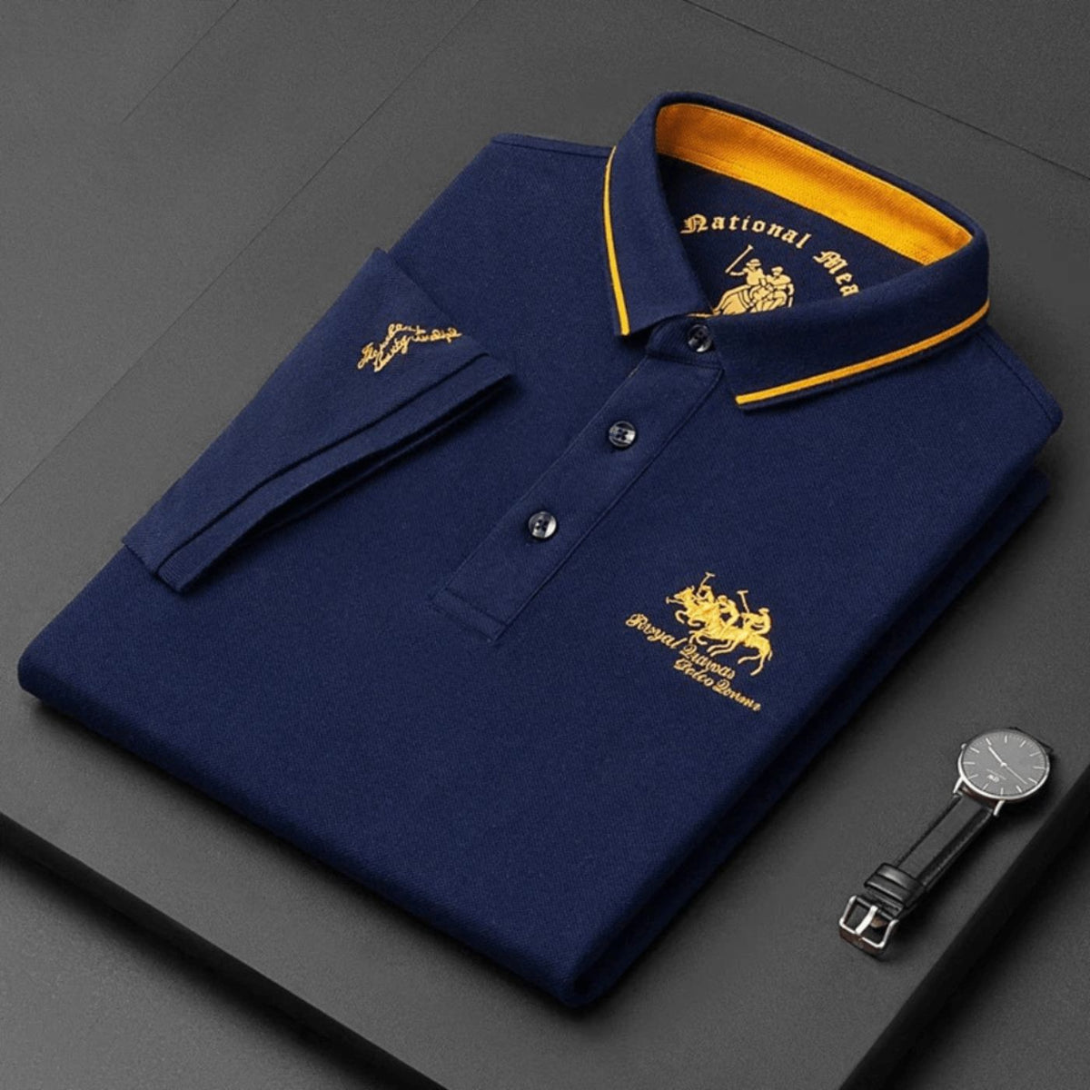 Navy contrast collar polo shirt folded