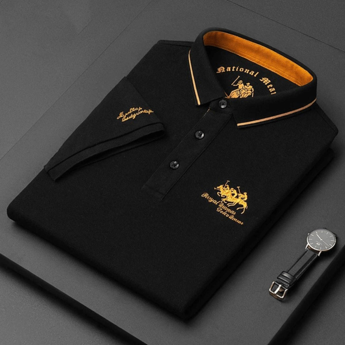Black contrast collar polo shirt folded