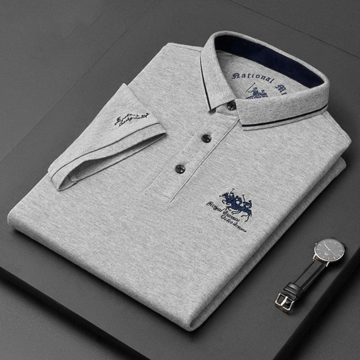 Gray contrast collar polo shirt folded
