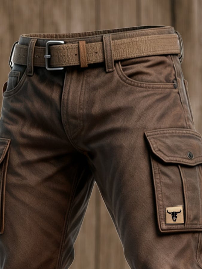 Waistband and cargo pocket of the brown pants