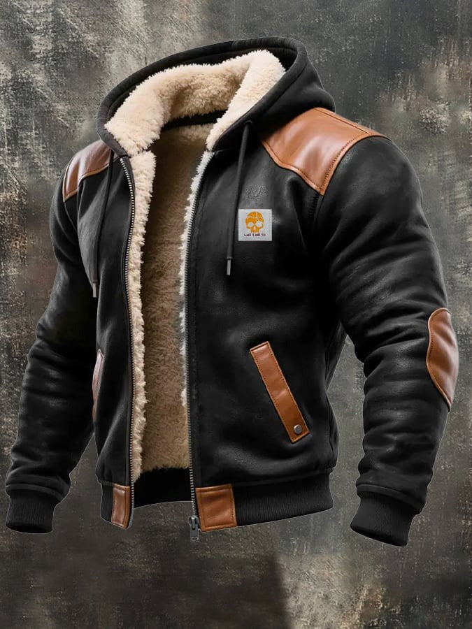 Black shoulder-patch sherpa hooded jacket