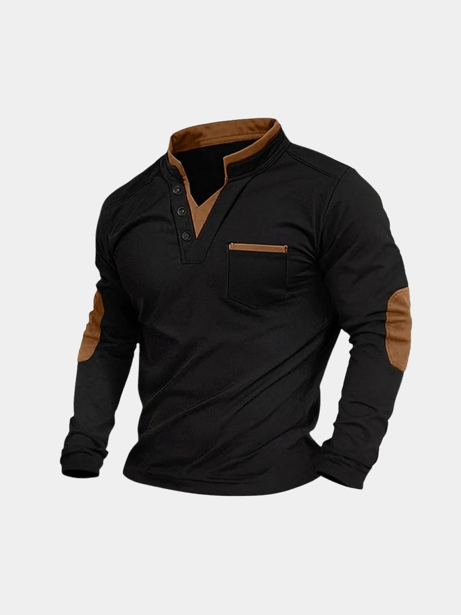 Black elbow-patch henley pullover with brown trim, angled view