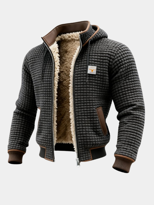 Dark gray sherpa-lined waffle knit hooded jacket on a white background