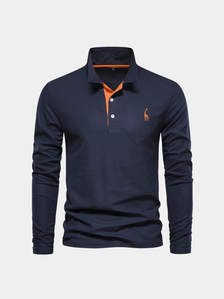 Navy blue long-sleeve polo shirt with an orange contrast placket, front view