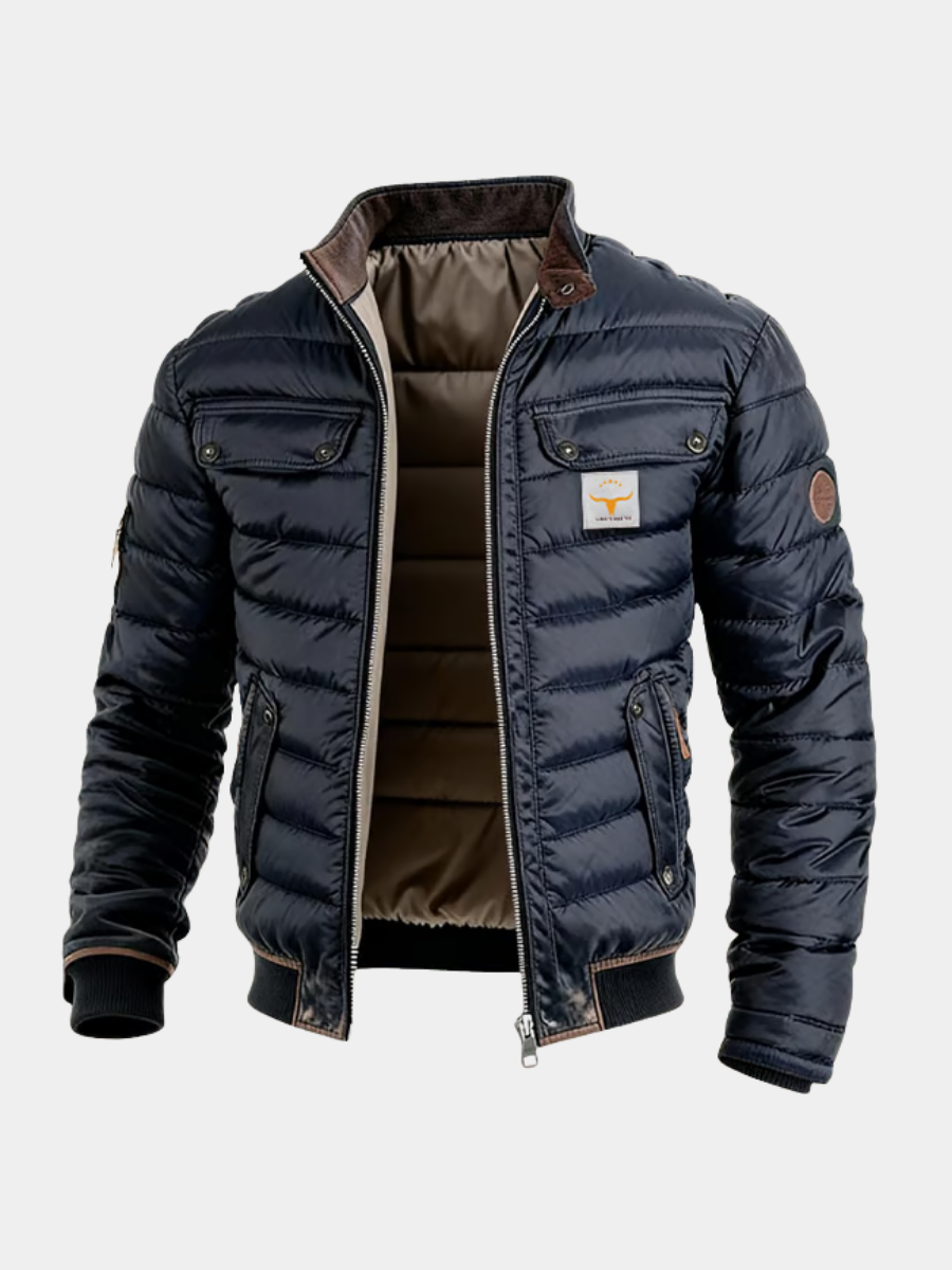 Navy stand-collar puffer jacket on a white background