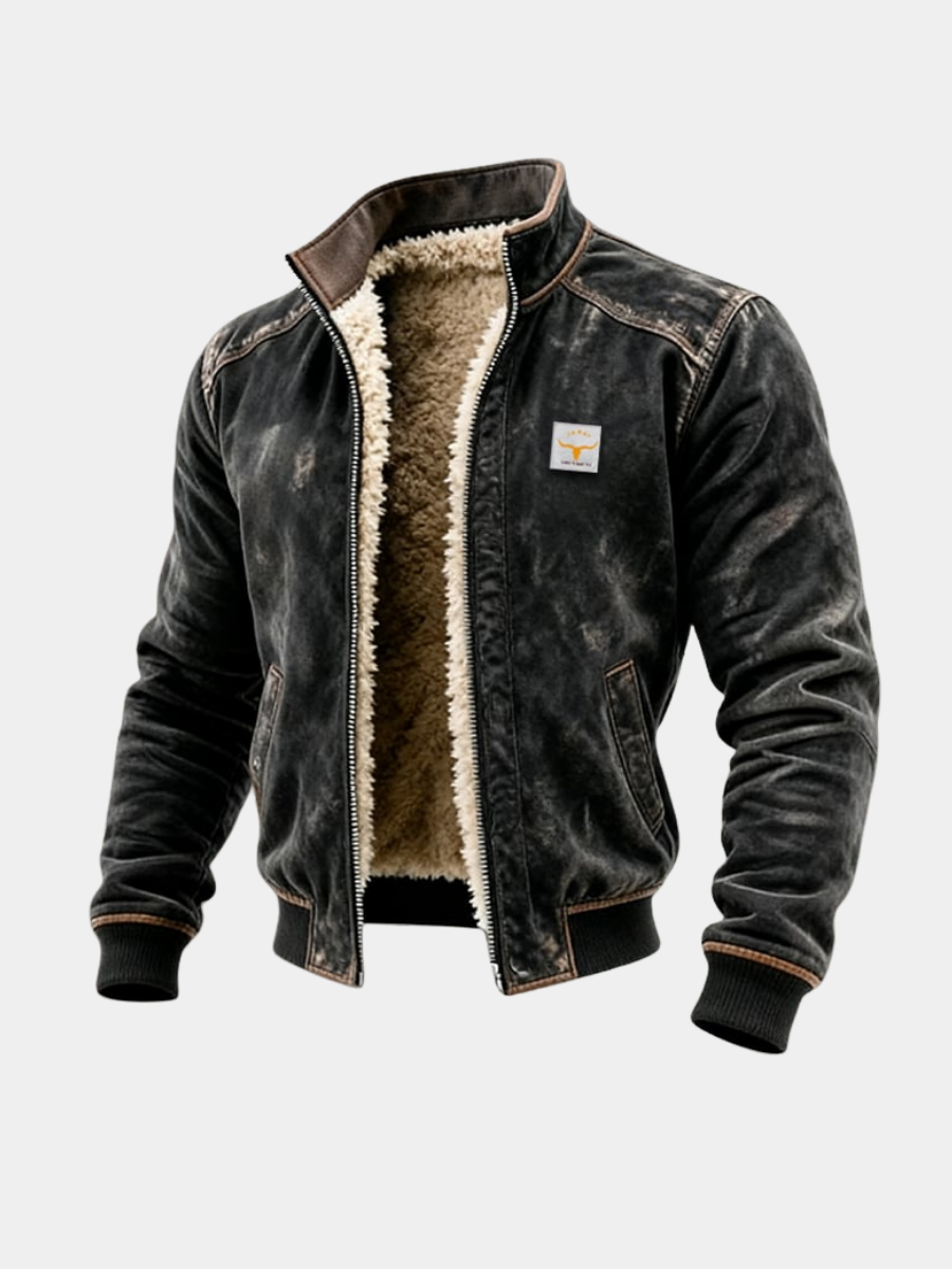 Black sherpa-lined distressed bomber jacket on a white background