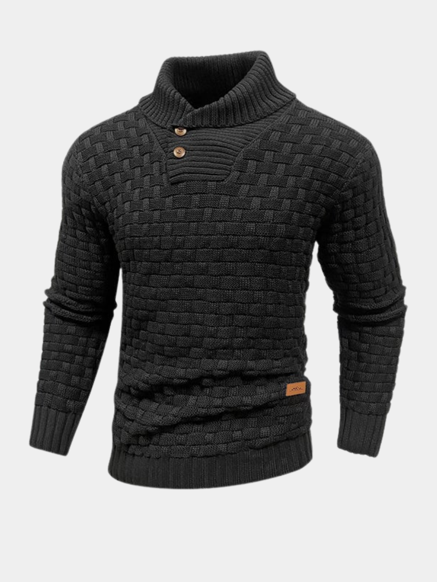 Black basketweave shawl collar sweater with two-button collar, front view