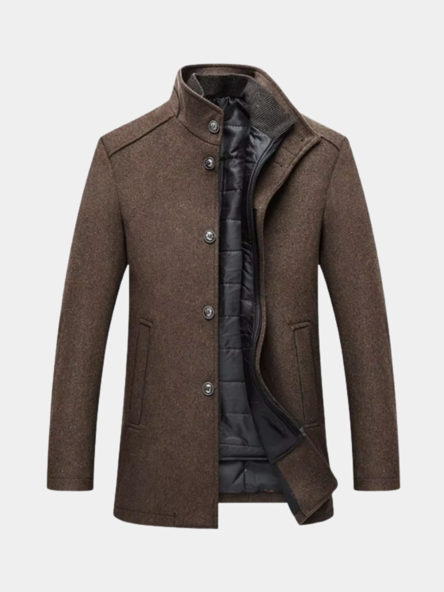 Brown layered stand-collar coat front
