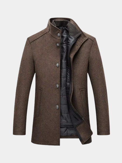 Brown layered stand-collar coat front