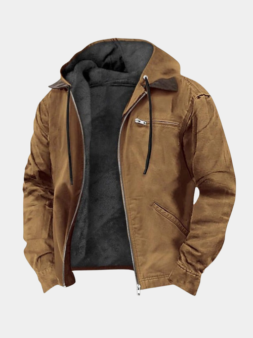 Brown fleece-lined hooded work jacket on a white background