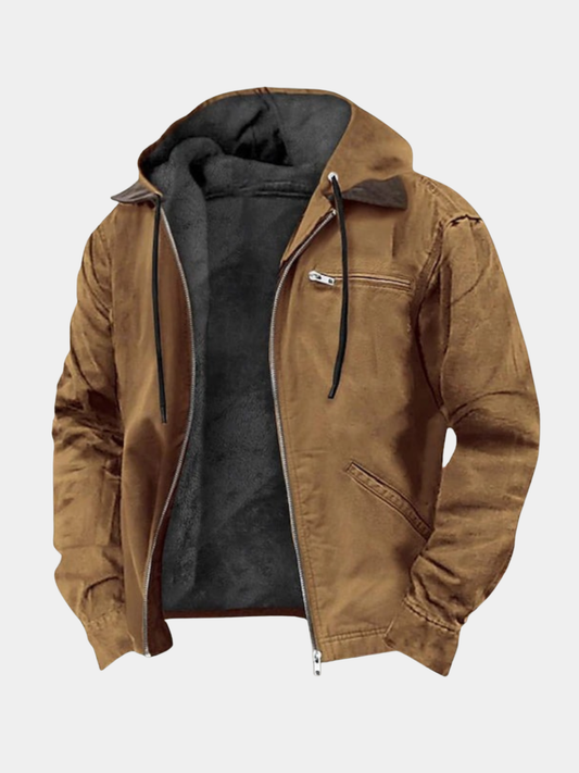 Brown fleece-lined hooded work jacket on a white background