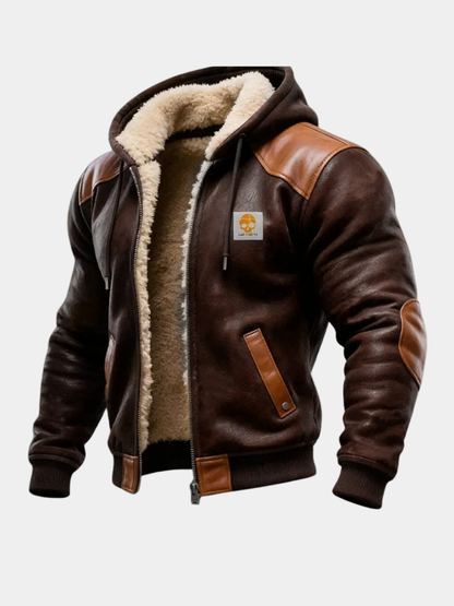 Brown shoulder-patch sherpa hooded jacket front
