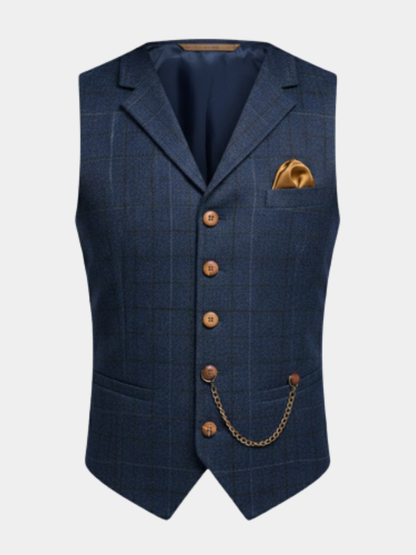 Navy check notch-lapel vest on a white background
