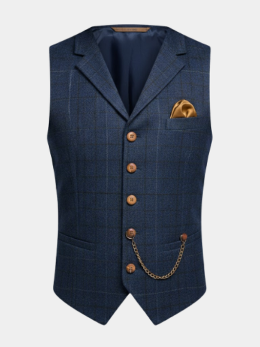 Navy check notch-lapel vest on a white background