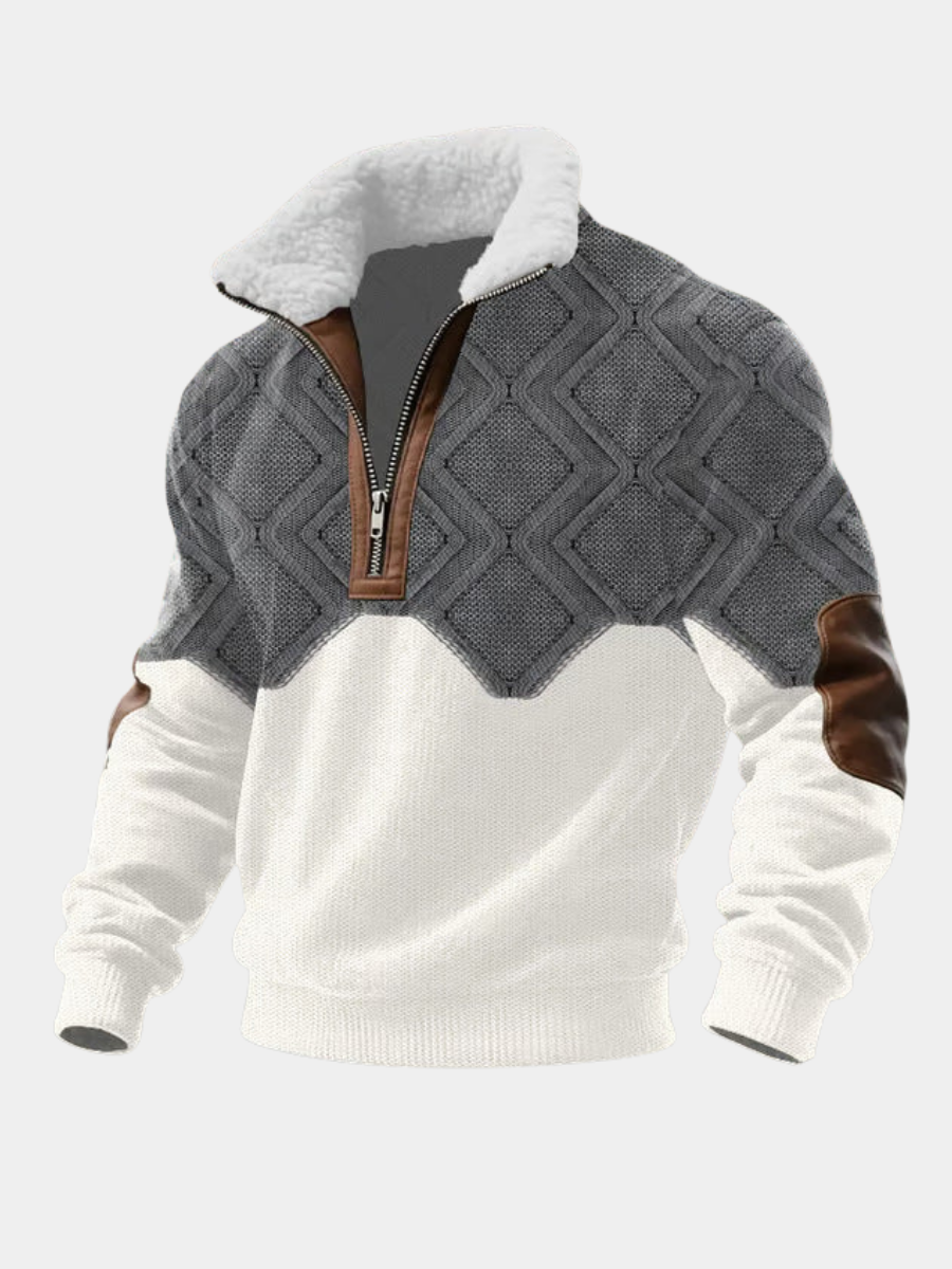 Gray and white sherpa-collar half-zip sweater front