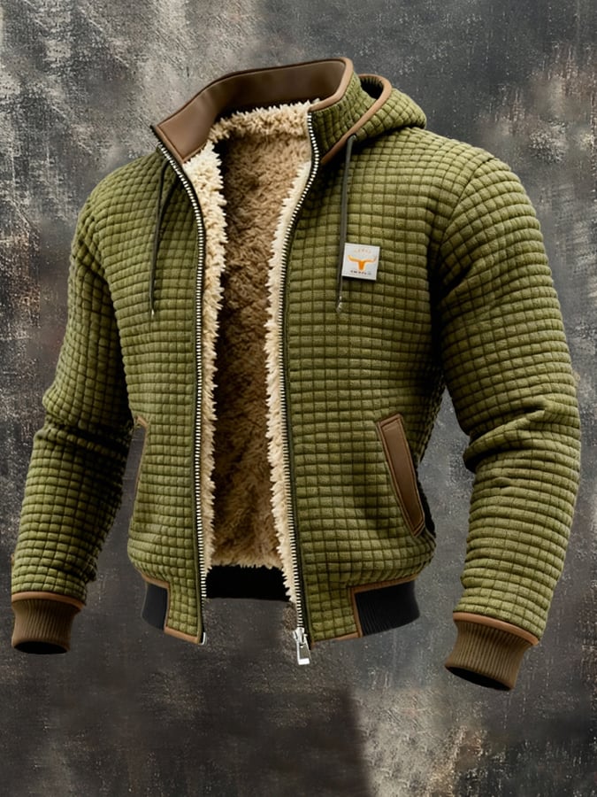 Military green sherpa-lined waffle knit hooded jacket