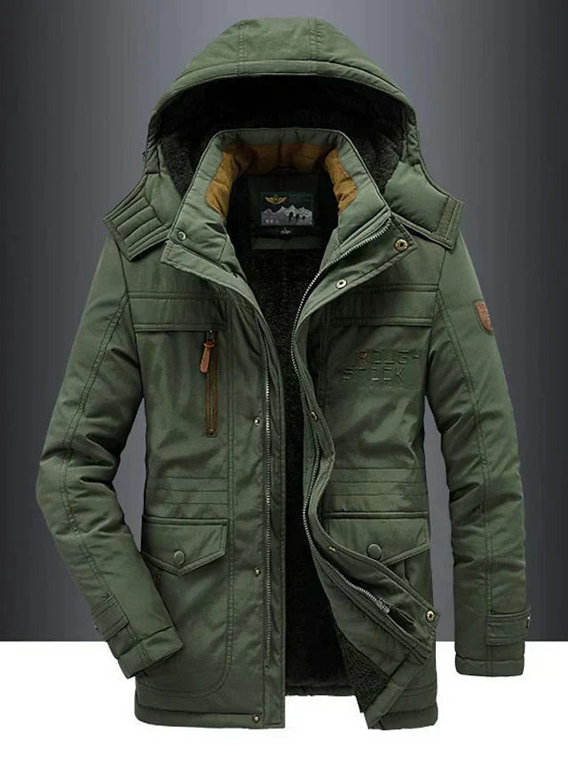 Green hooded fleece-lined parka, front view