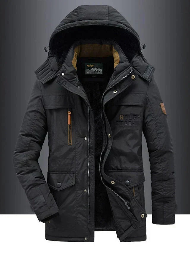 Black hooded fleece-lined parka, front view