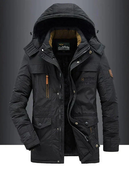 Black hooded fleece-lined parka, front view