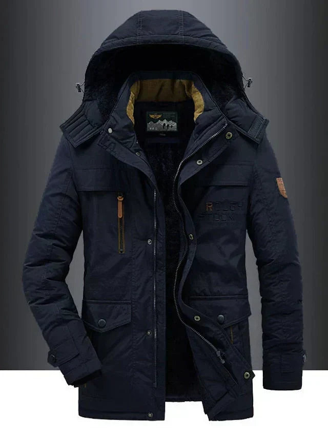 Blue hooded fleece-lined parka, front view