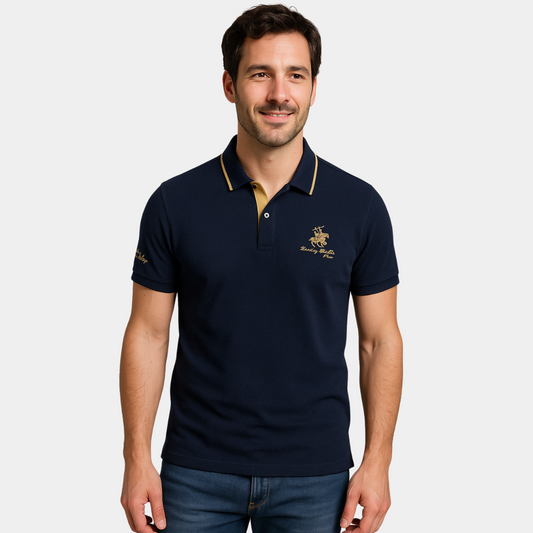 Man wearing a navy contrast collar polo shirt