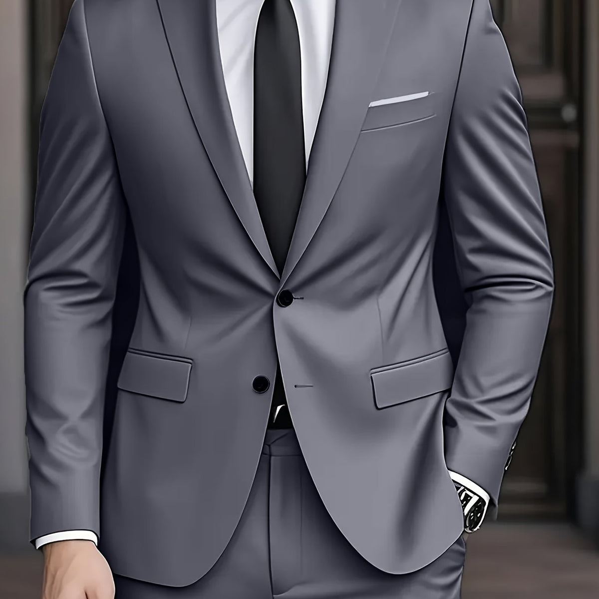 Gray two-button suit jacket with flap pockets, close-up