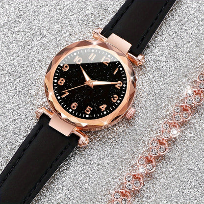 Set de Elegancia Casual - Reloj de Cuarzo con Correa de Cuero Sintético y Pulsera