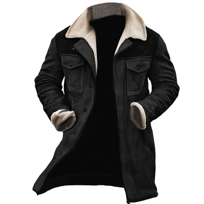 Black suede-finish coat with a cream sherpa collar and cuffs