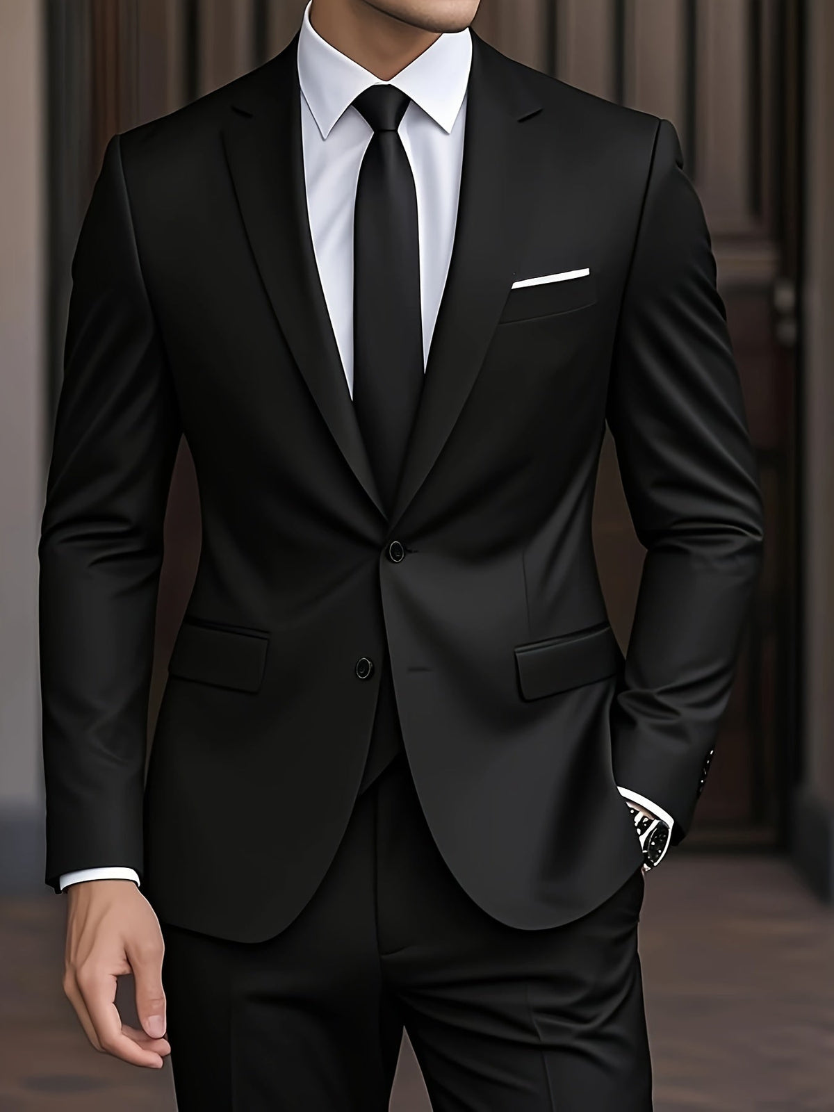Black two-button suit with notch lapels and flap pockets