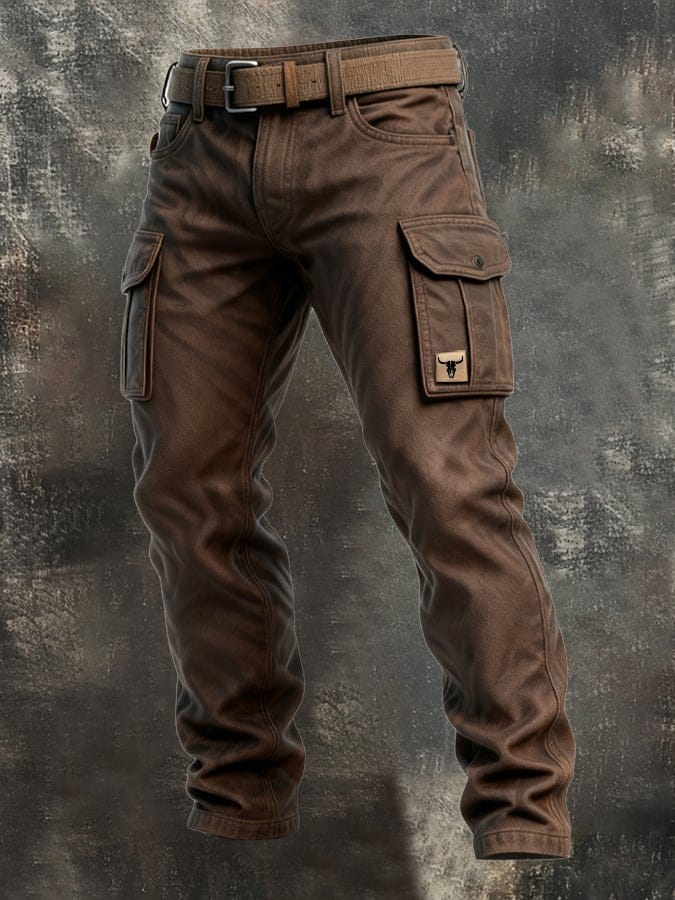 Brown utility cargo pants on a dark background