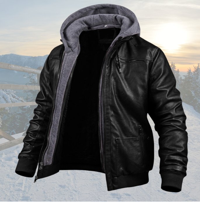 Black leather hooded jacket, three-quarter view